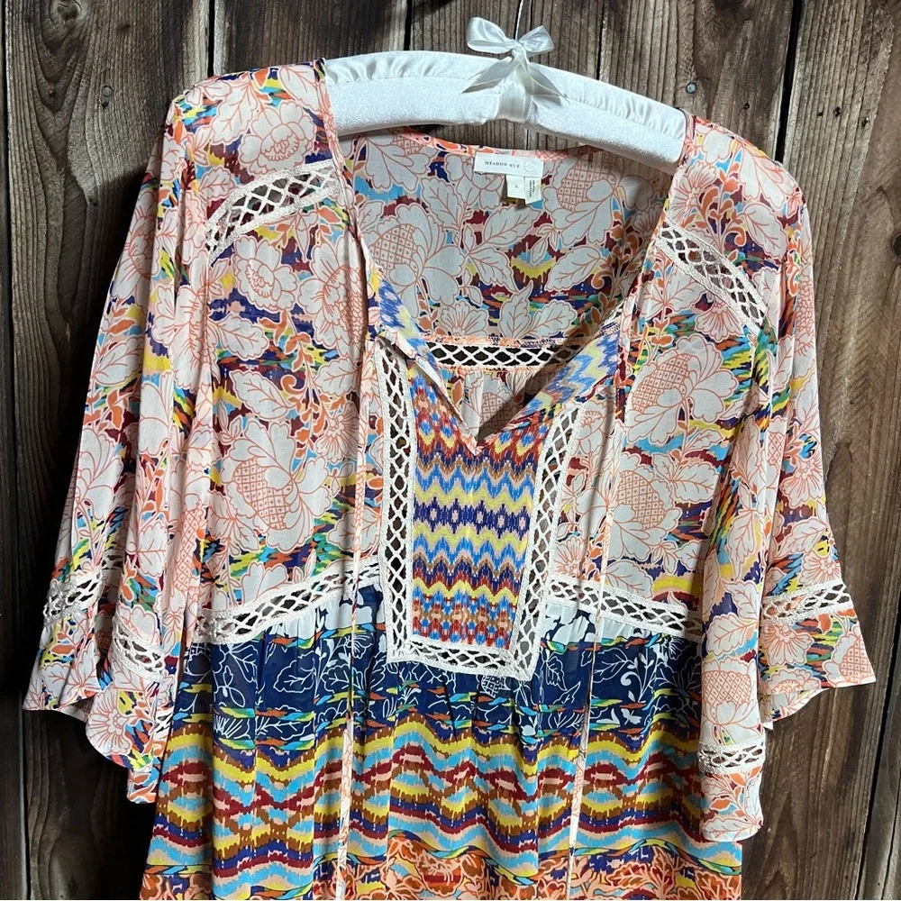 Meadow Rue Boho Sheer Floral Peasant Blouse Flowy Bat Wings Crochet Lace Sz L - Picture 6 of 14